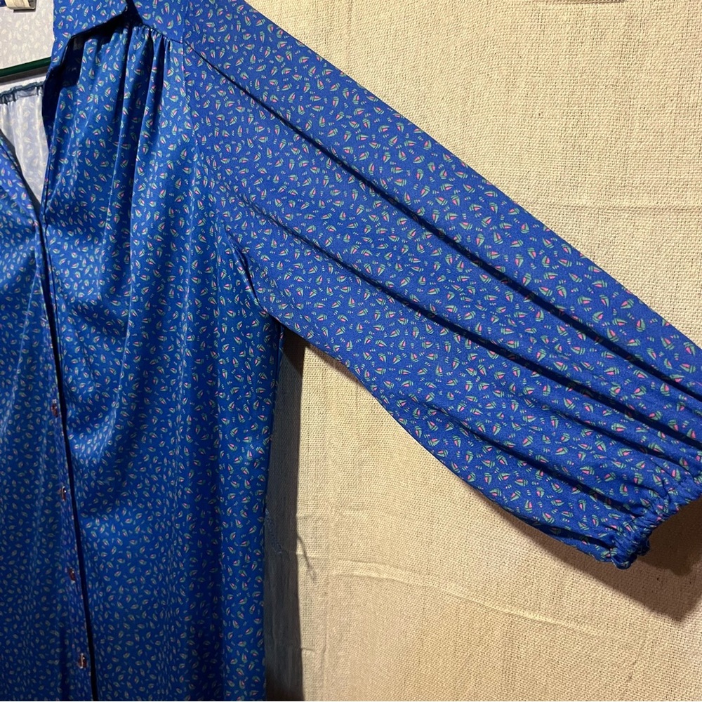 Vintage 60s Blue Sailboat Pattern Button Down Dress - Picture 4 of 6